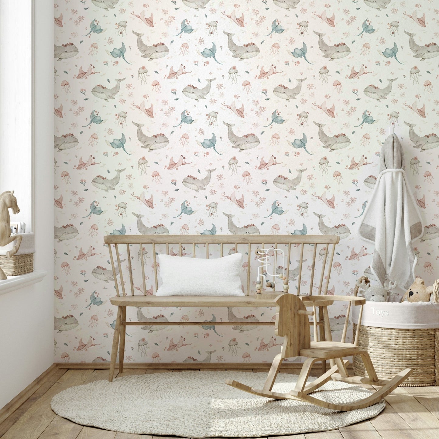 Cute whale and stingray in soft pastel underwater design

