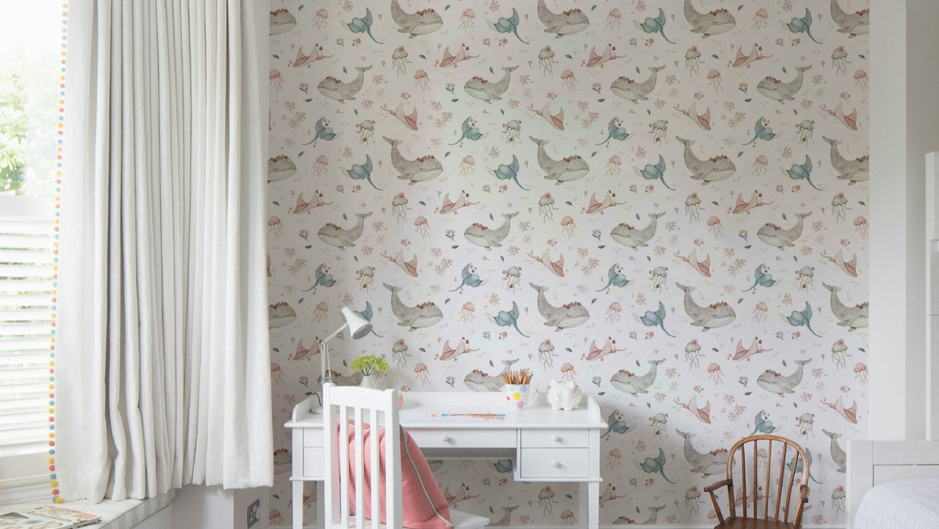 Watercolor whale and stingray with flowers wallpaper

