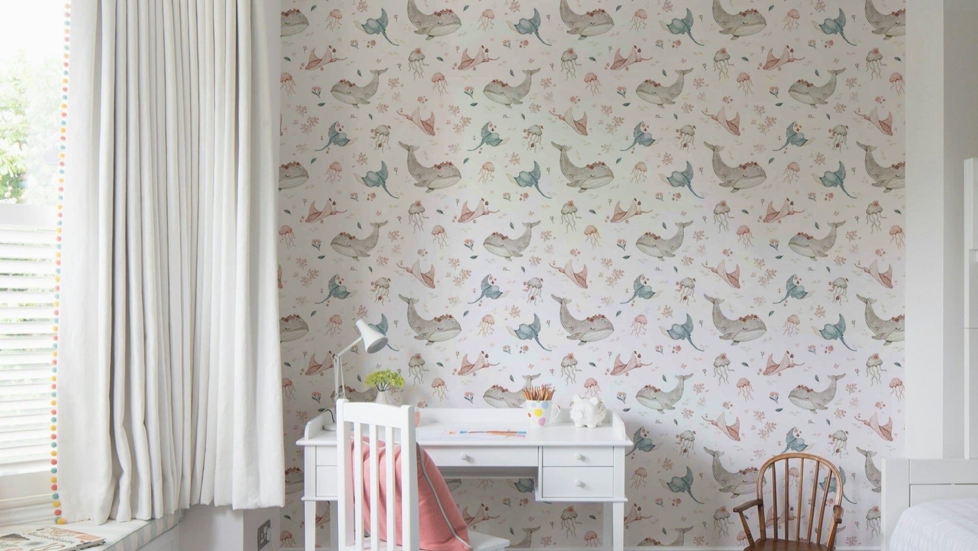 Watercolor whale and stingray with flowers wallpaper

