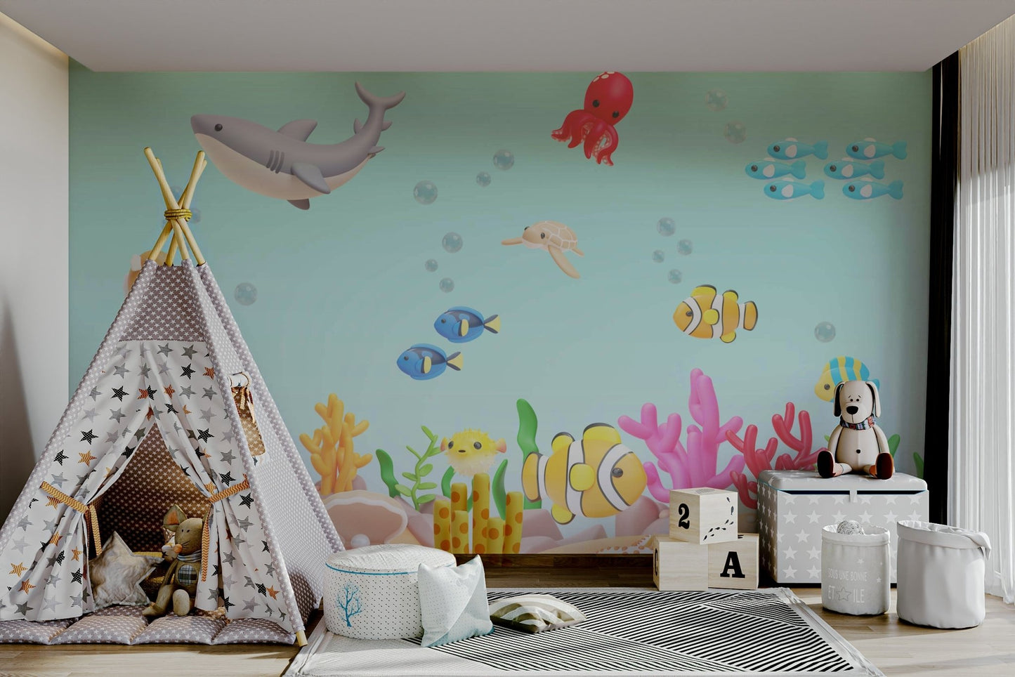 The composition is balanced and has a playful, yet serene feel.
