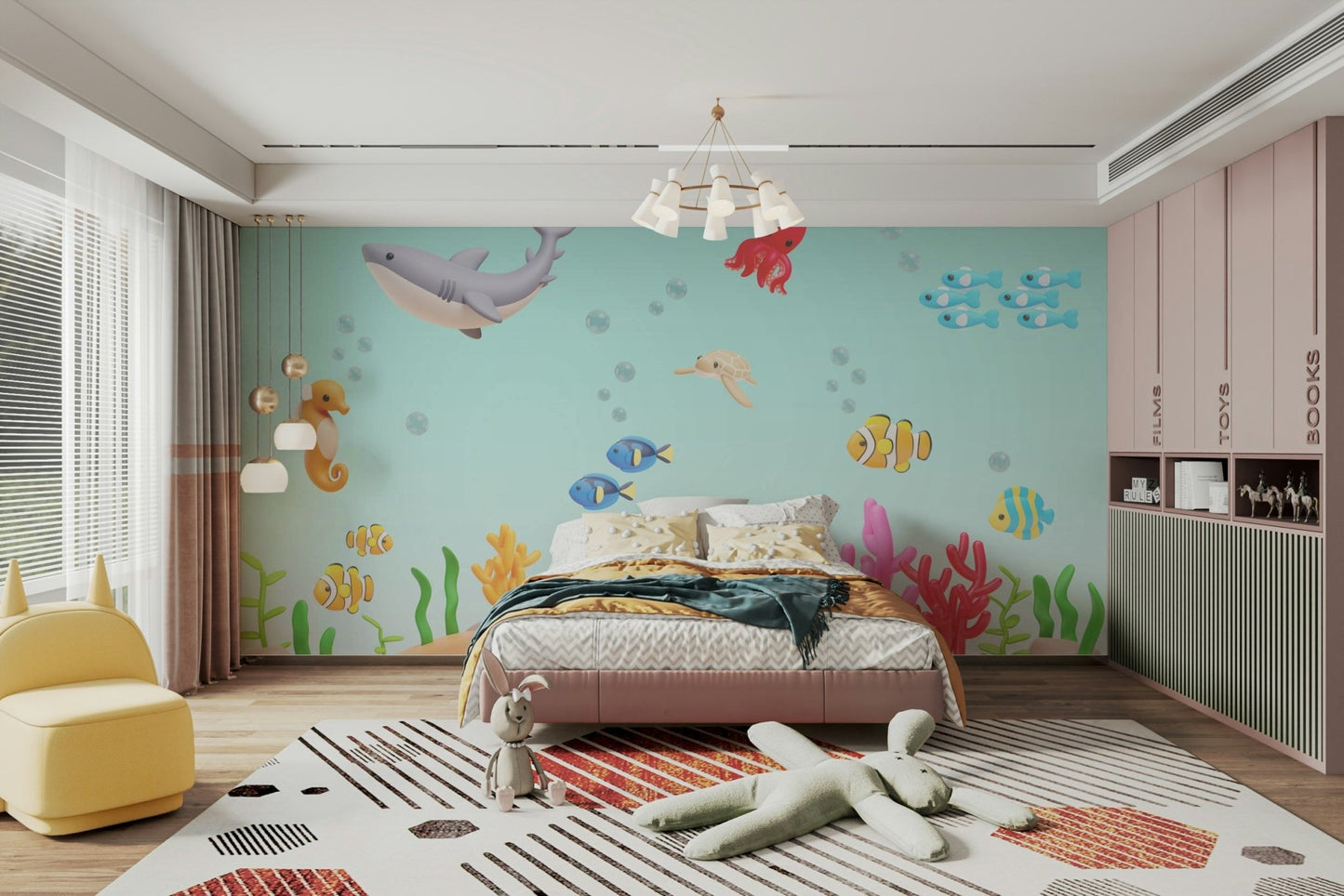 This wallpaper is perfect for a child's room, a bathroom, or a playful living space.
