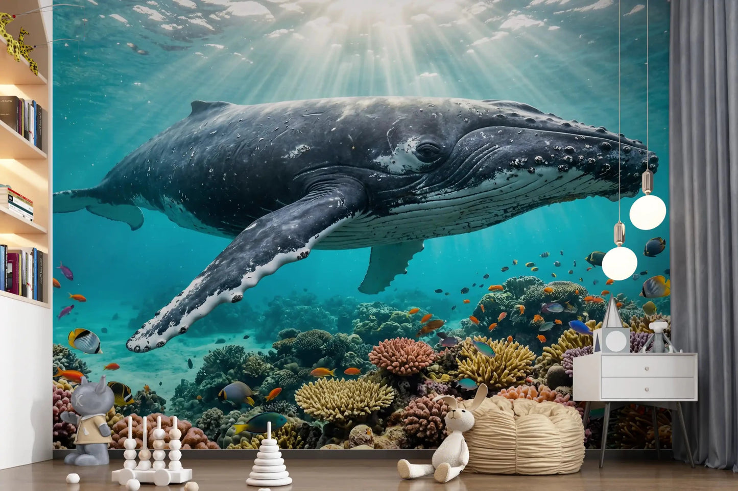 Play area styled with Underwater Paradise wall mural featuring tropical fish, GD9224