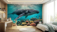 A large whale swims across Underwater Paradise wall mural coral setting, GD9224