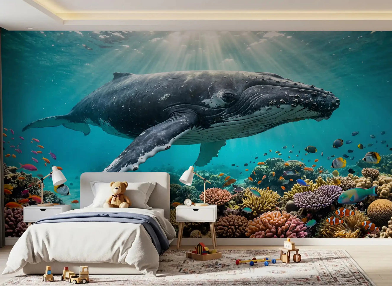 Bedroom interior shows Underwater Paradise wall mural ocean coral scene
