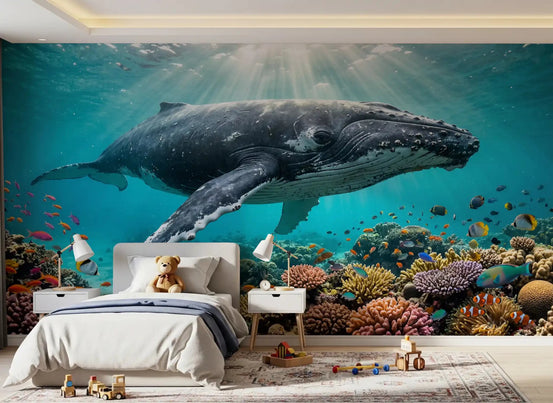 Bedroom interior shows Underwater Paradise wall mural ocean coral scene, GD9224