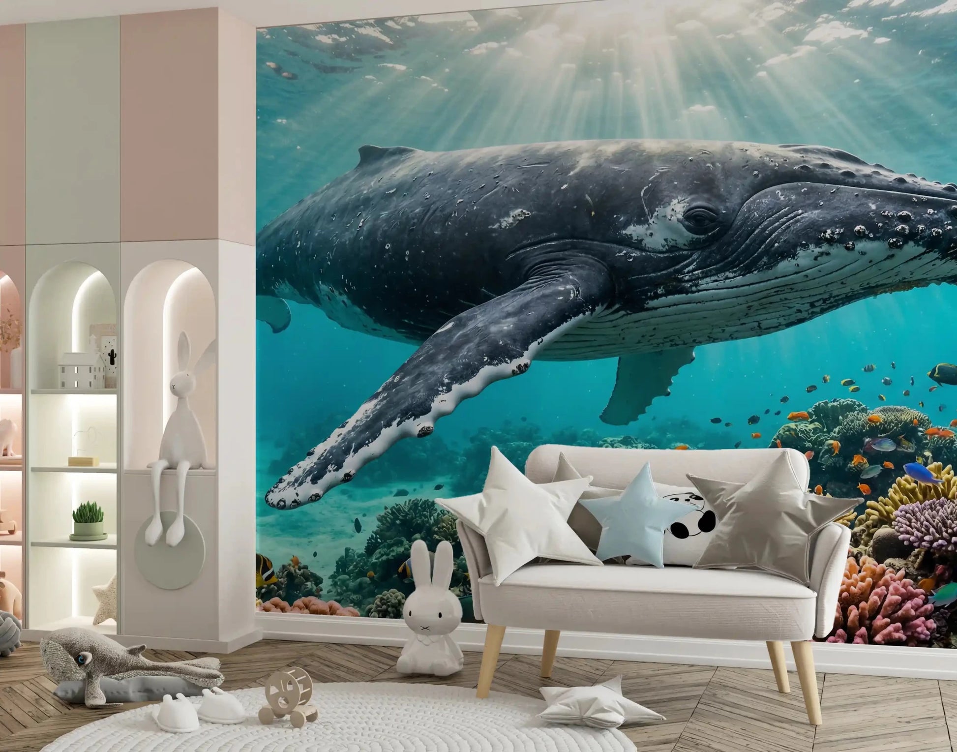 Kids room setup uses Underwater Paradise wall mural with marine life, GD9224