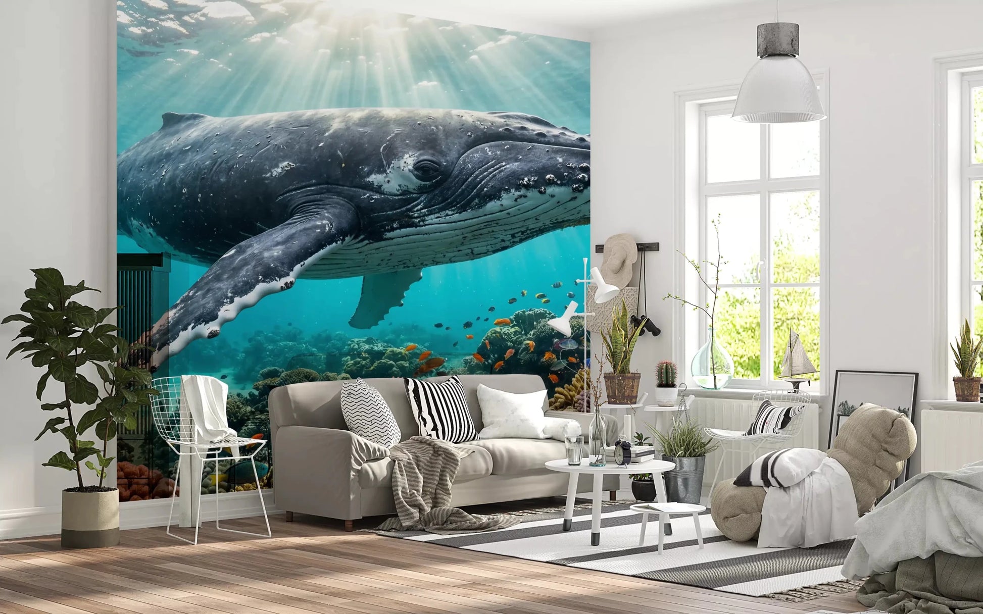 Living room highlights Underwater Paradise wall mural with whale and reef, GD9224