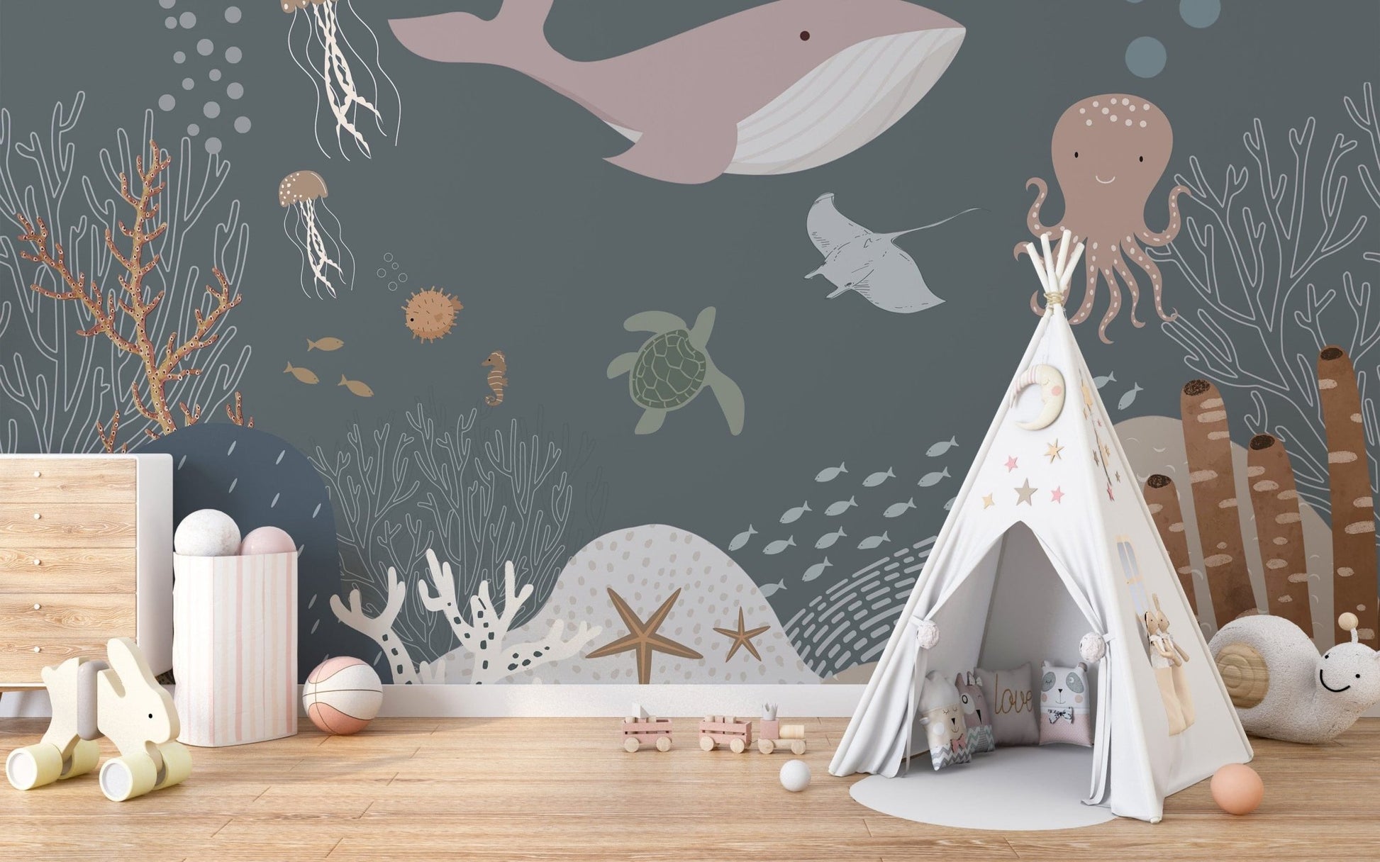 Colorful marine life wall covering
