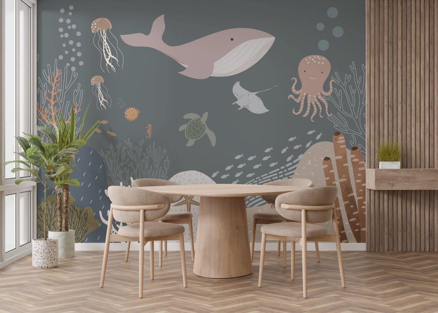 Playful fish and coral reef wallpaper
