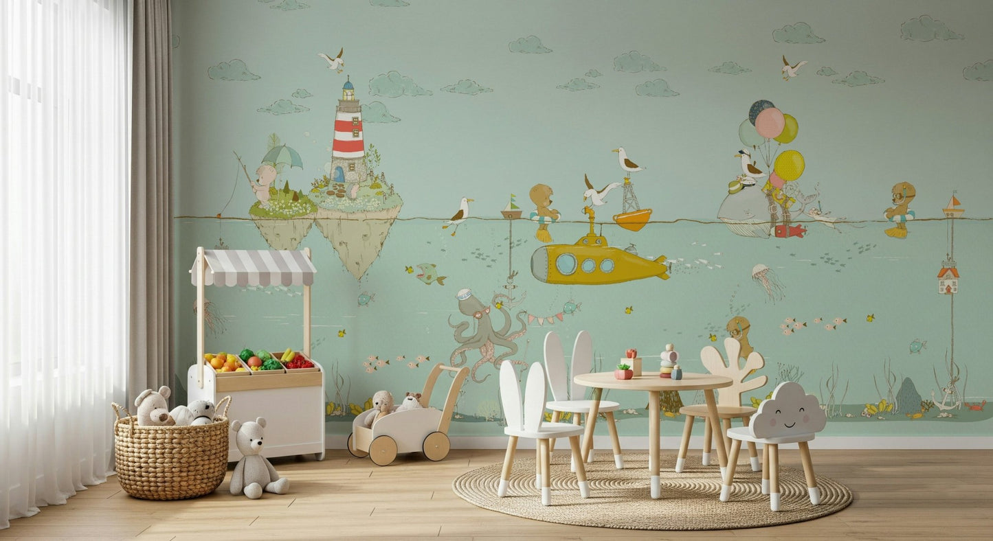 A graceful subtle pattern wall mural in cool, tranquil tones.