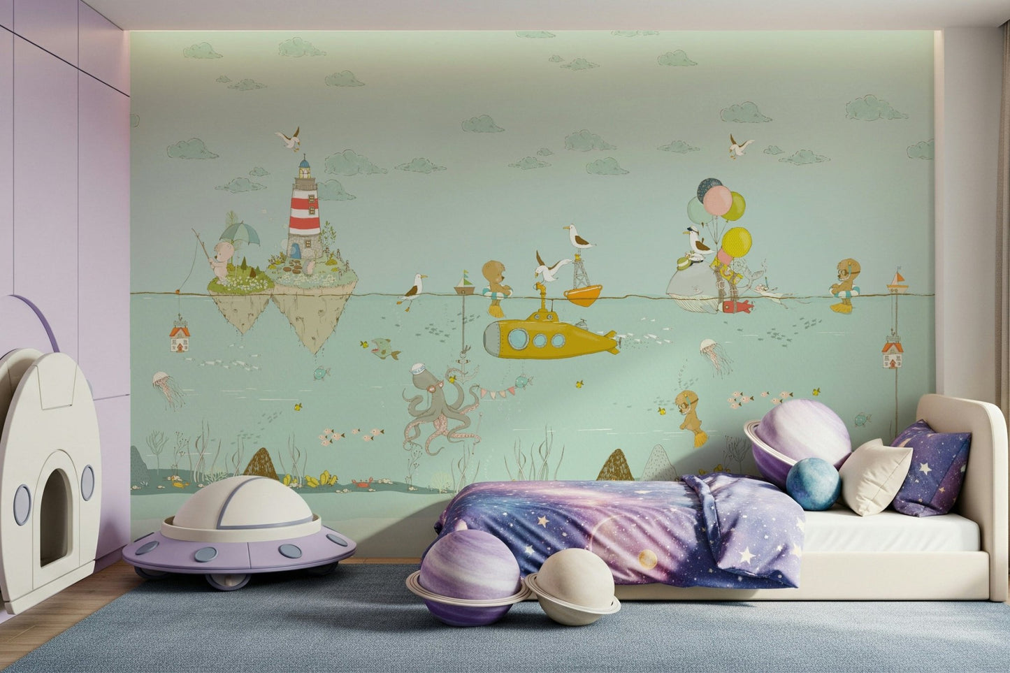A calming underwater design wallpaper mural that defines a space.