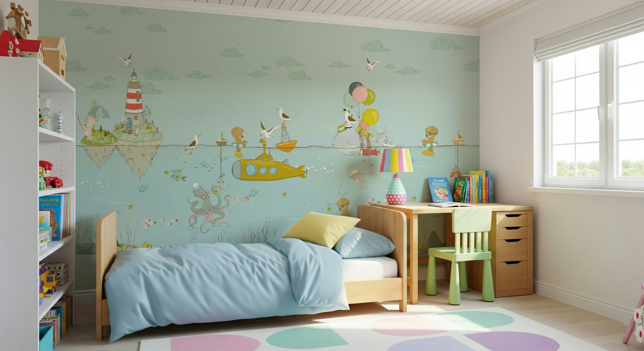 A beautiful whimsical underwater wallpaper mural with playful ocean elements.