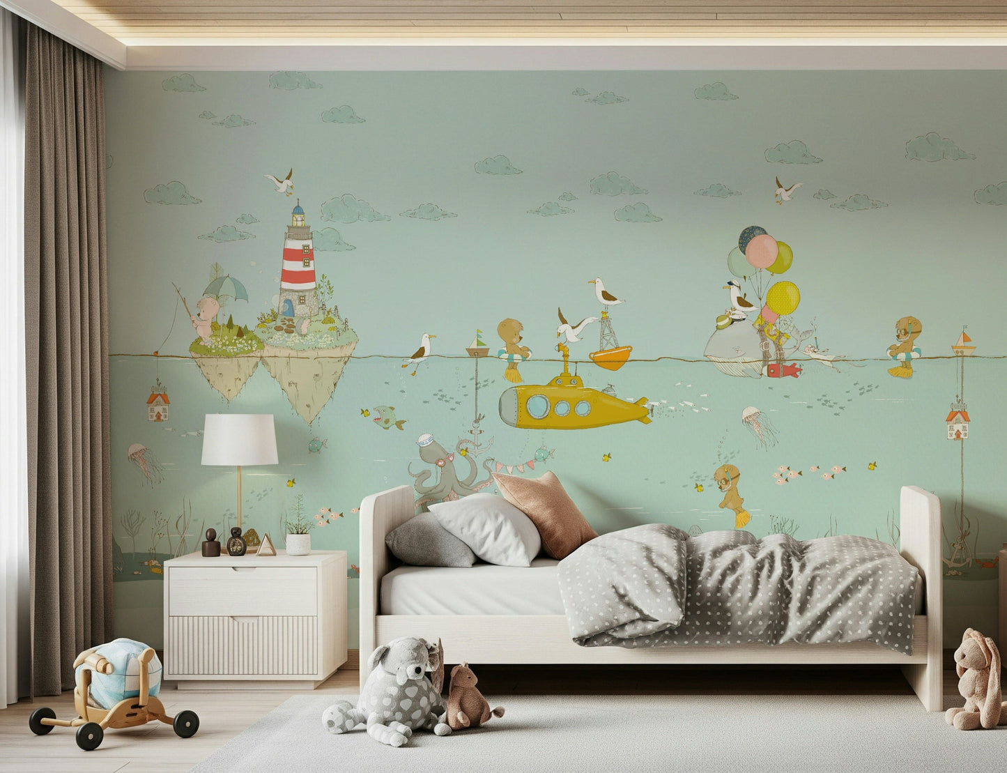 A peaceful modern abstract mural on decorative wallpaper.