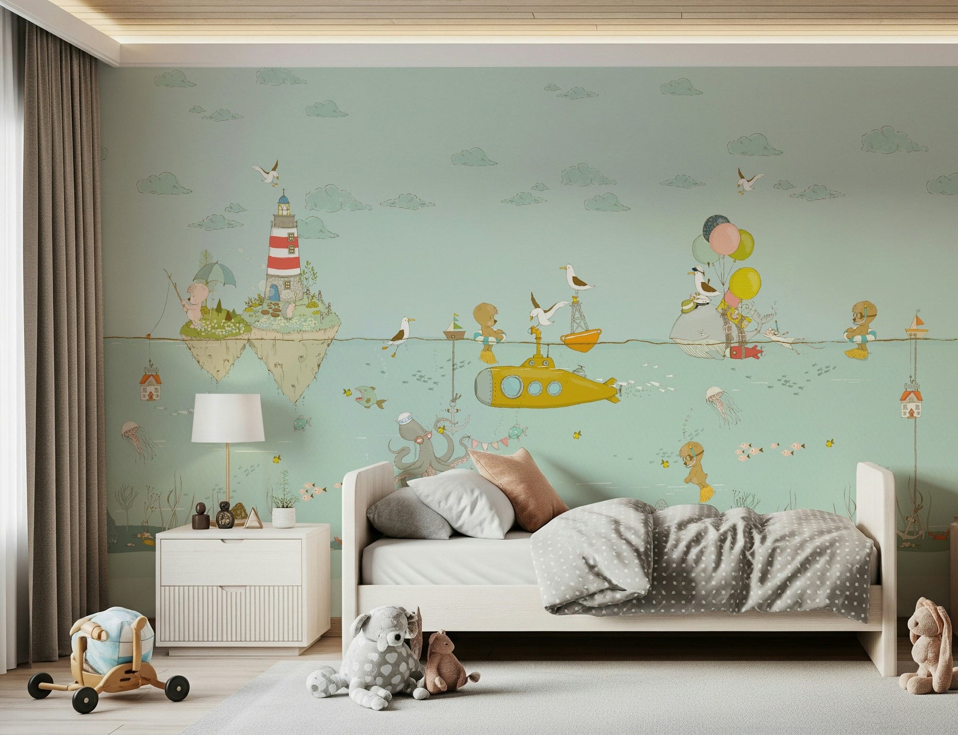 A peaceful modern abstract mural on decorative wallpaper.