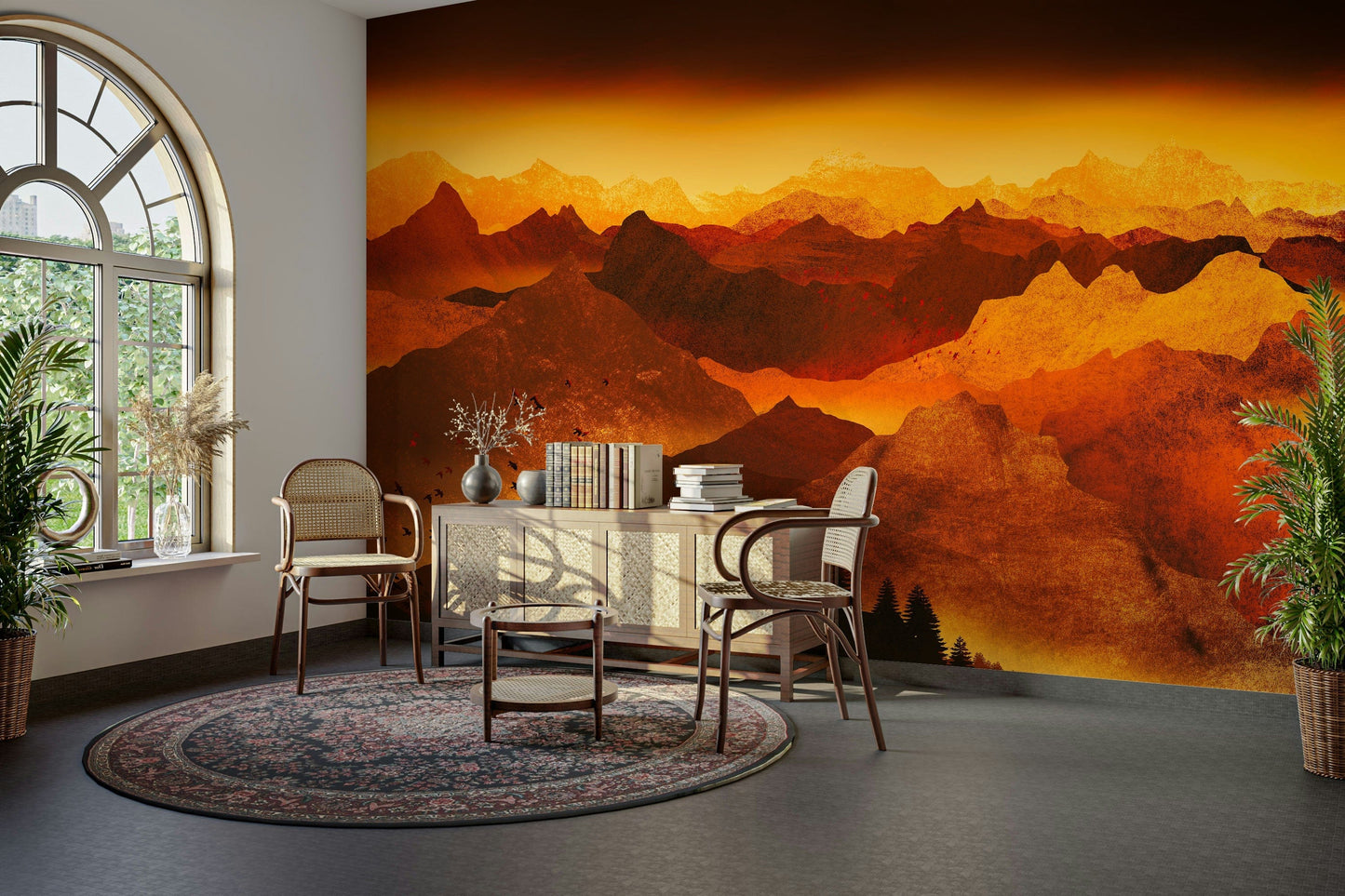 Unexplored valleys in fire tones mural


