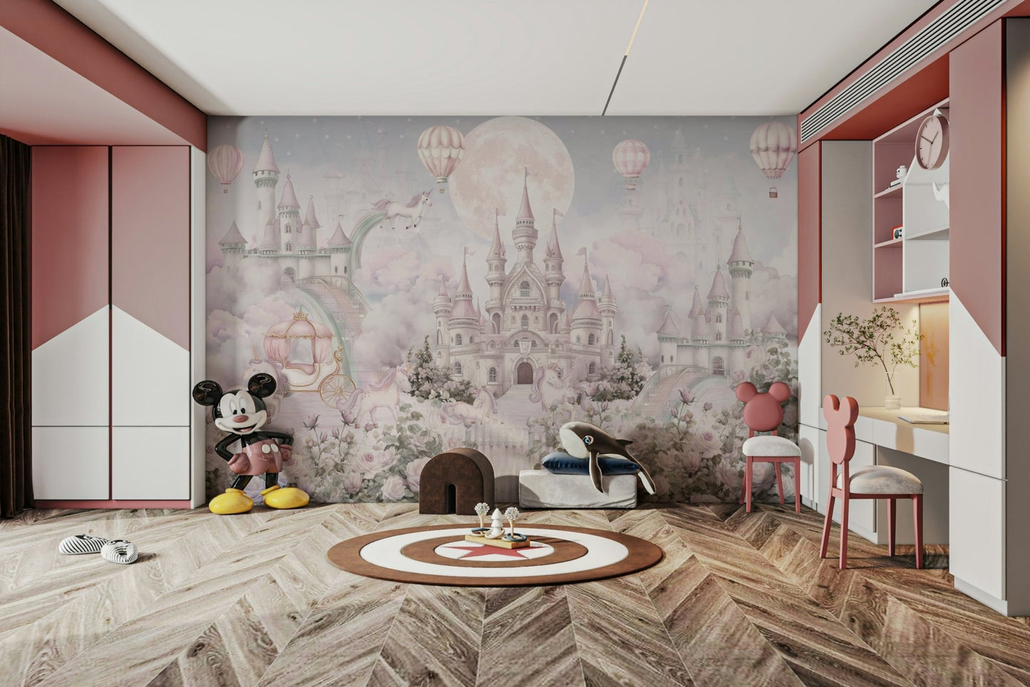 The castle has tall towers and flags flying from them.

