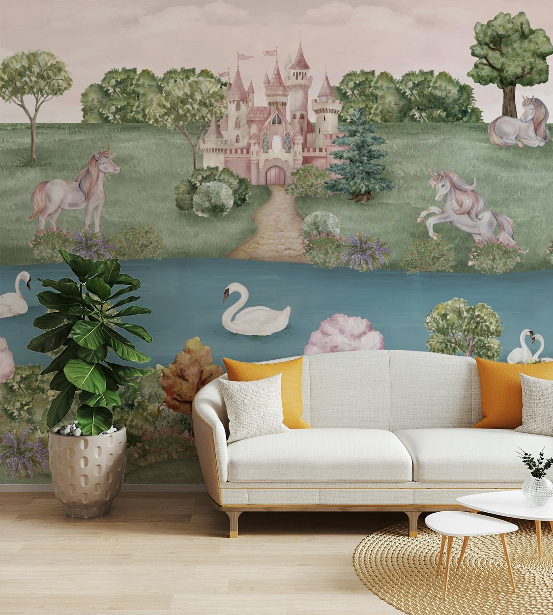 View of a whimsical castle and unicorns

