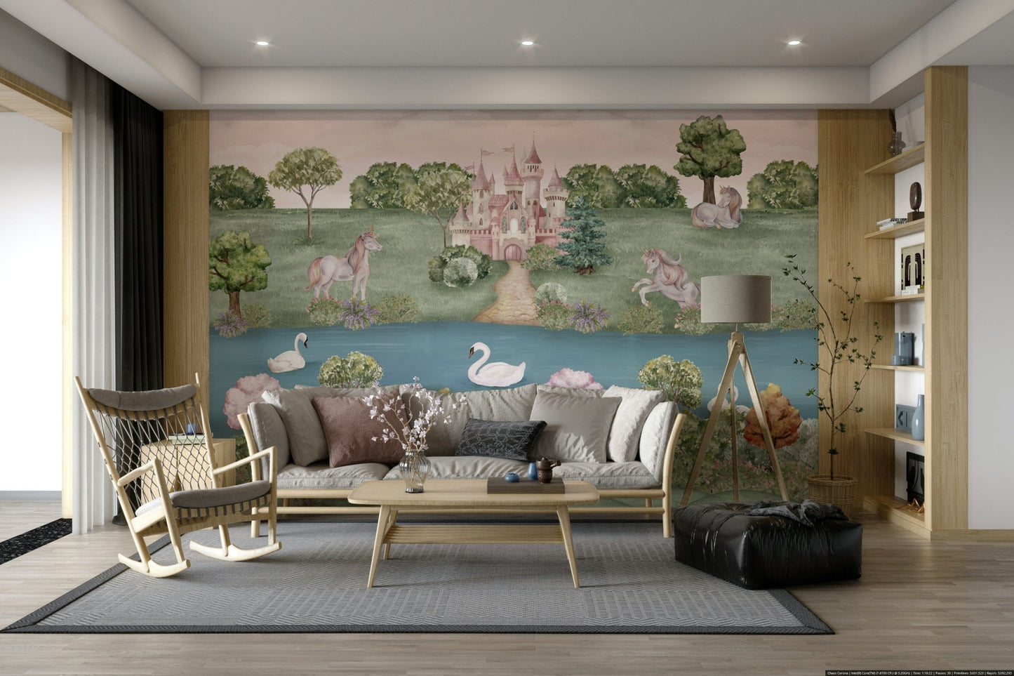 Scenic wallpaper with a unicorn and a castle

