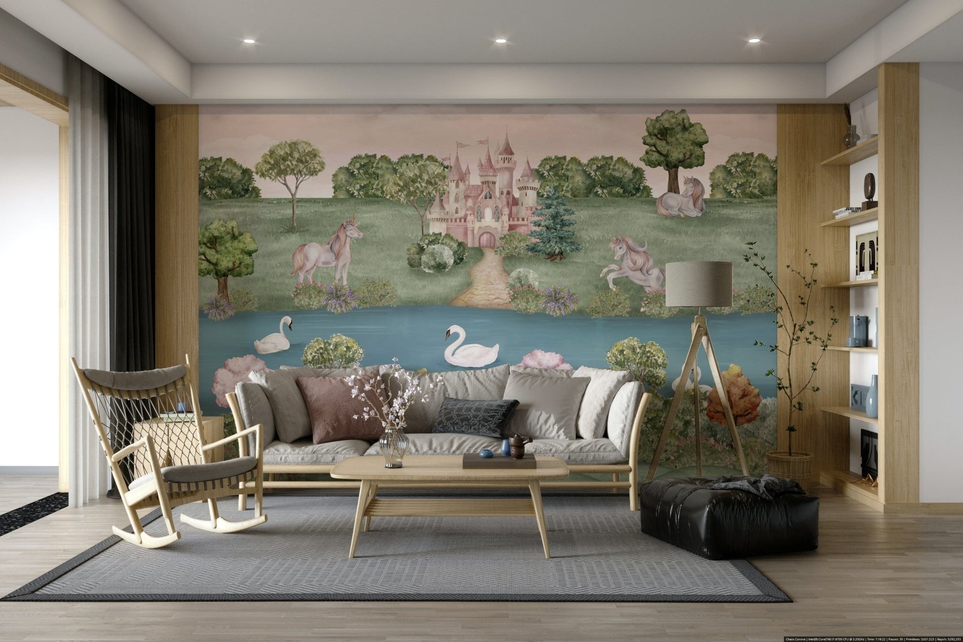 Scenic wallpaper with a unicorn and a castle

