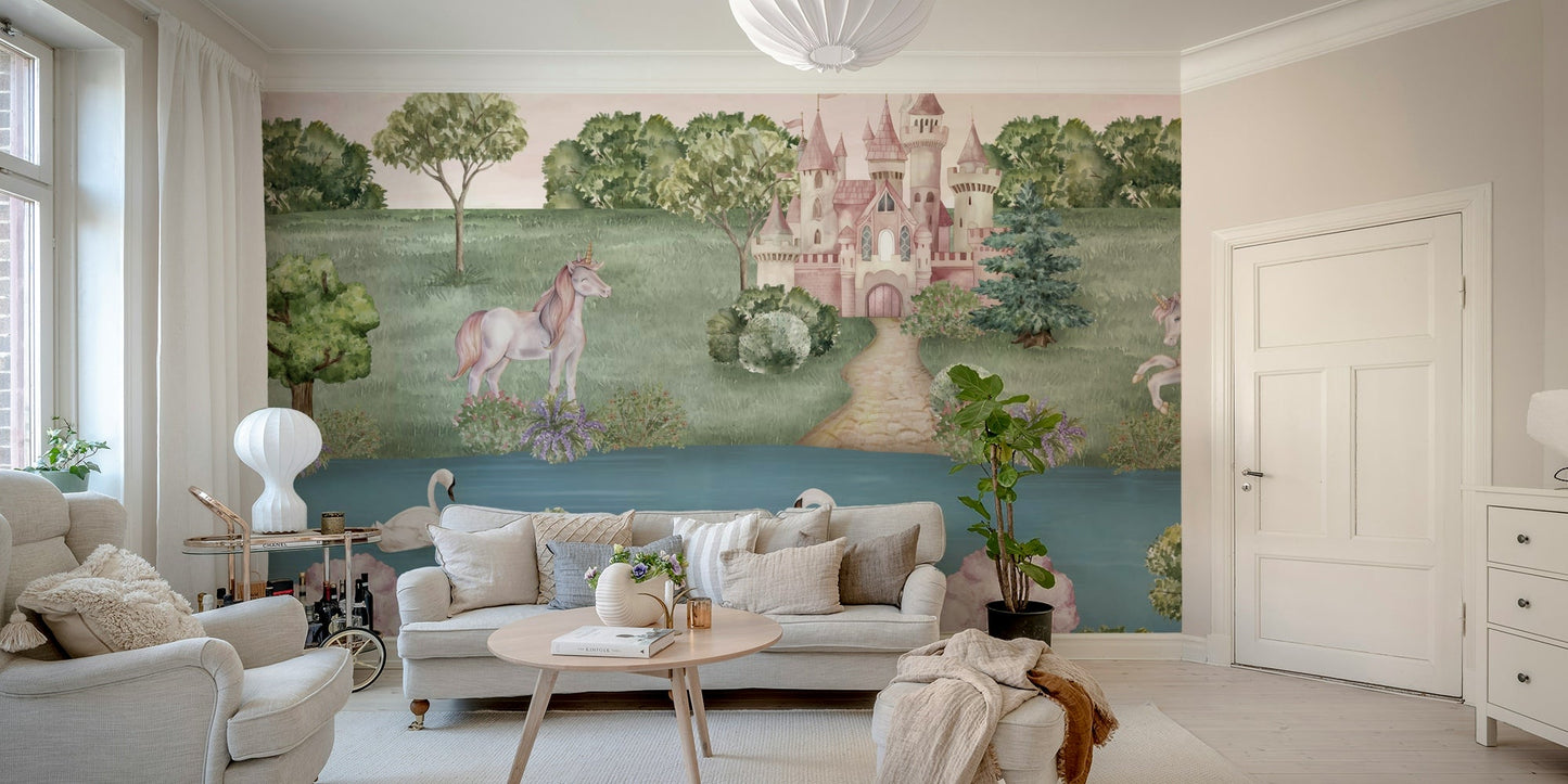 Wall mural with a magical castle and unicorns

