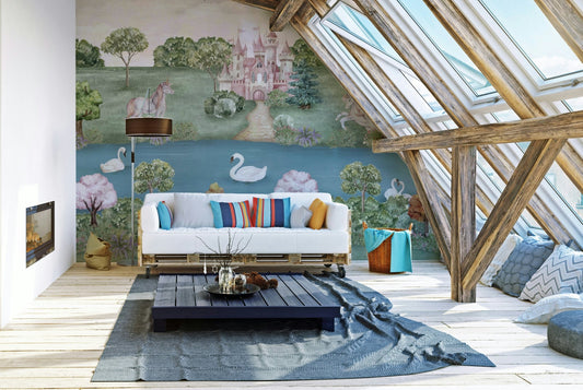 Mural wallpaper of a unicorn castle dreamland

