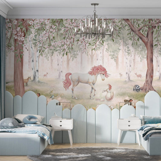Unicorn Forest Green Wallpaper Mural - Giffywalls KB72