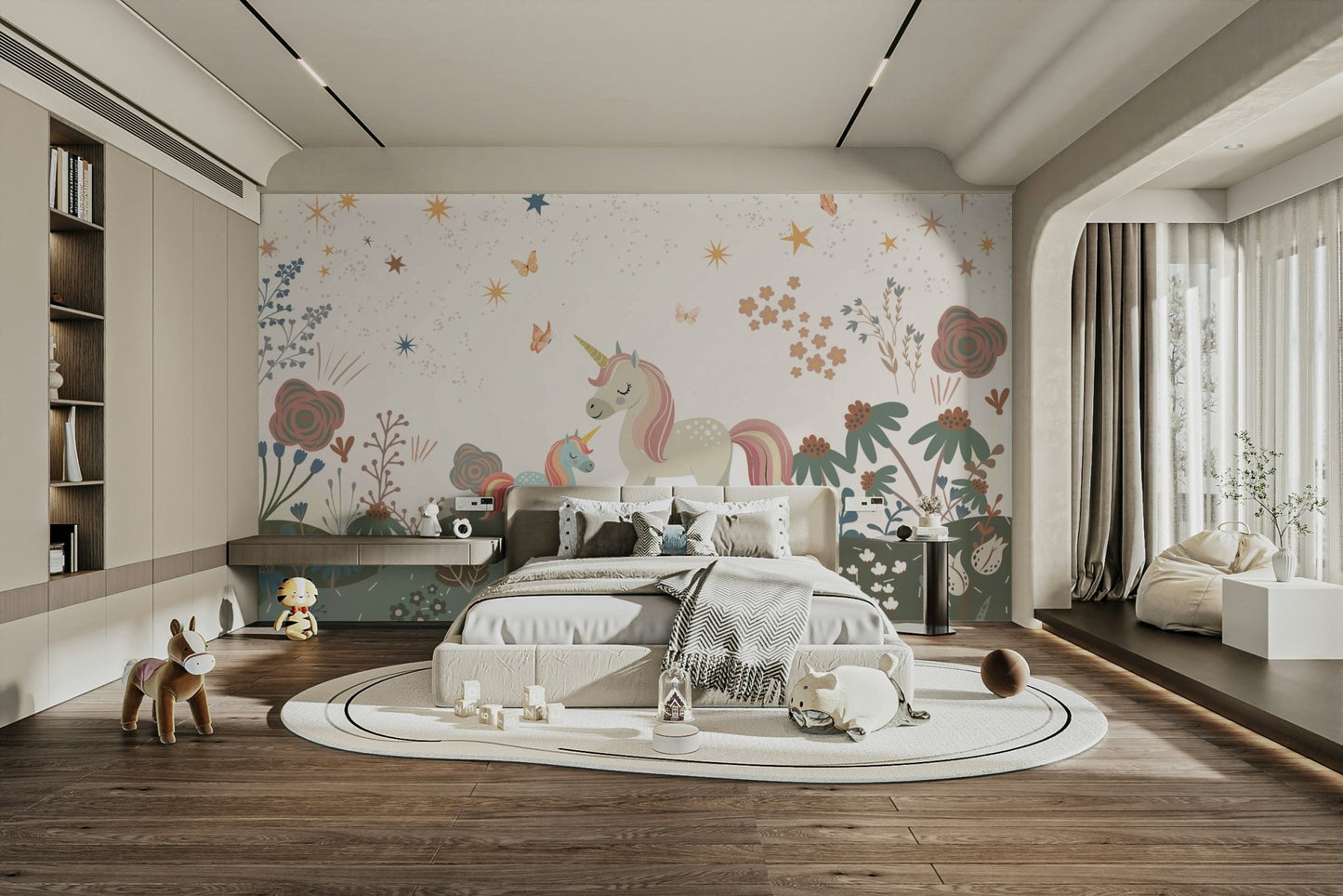 A peaceful meadow scene with a magical unicorn.

