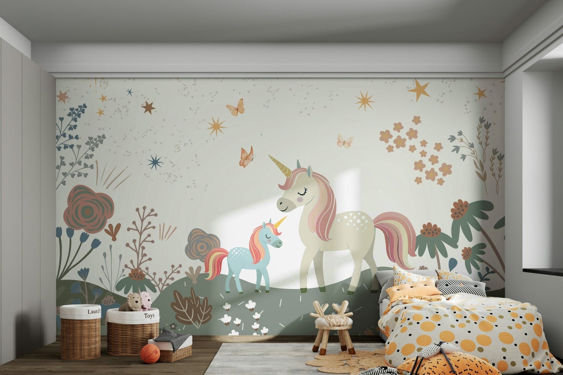 The unicorn has a peaceful, friendly expression.

