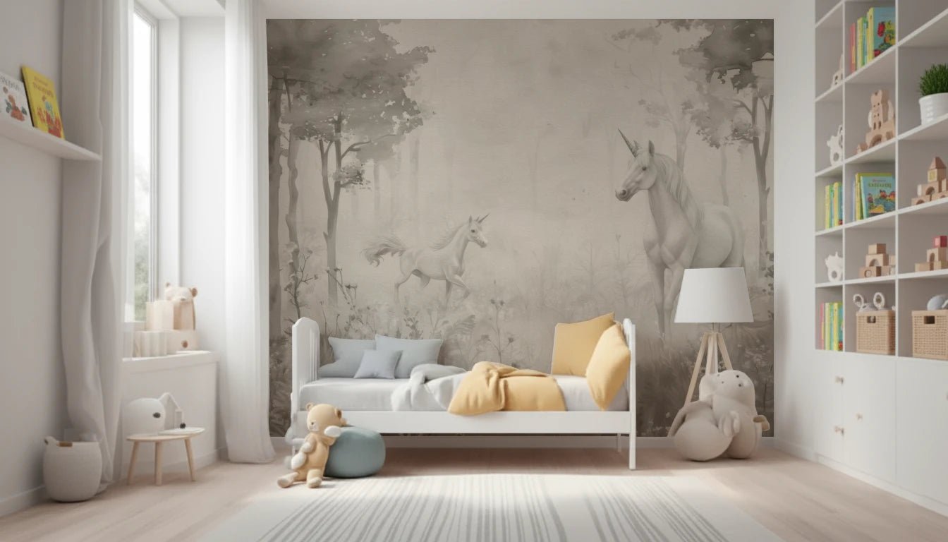Unicorns in a Magical Dreamy Forest Natural Wall Mural in a soft kids bedroom