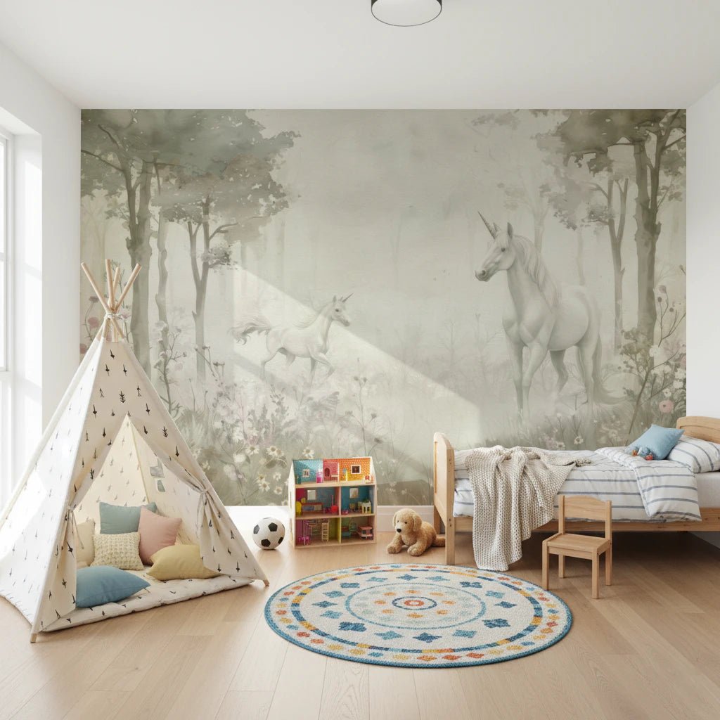 Teepee playroom with Unicorns in a Magical Dreamy Forest Sage Wall Mural