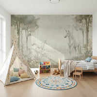 Teepee playroom with Unicorns in a Magical Dreamy Forest Sage Wall Mural
