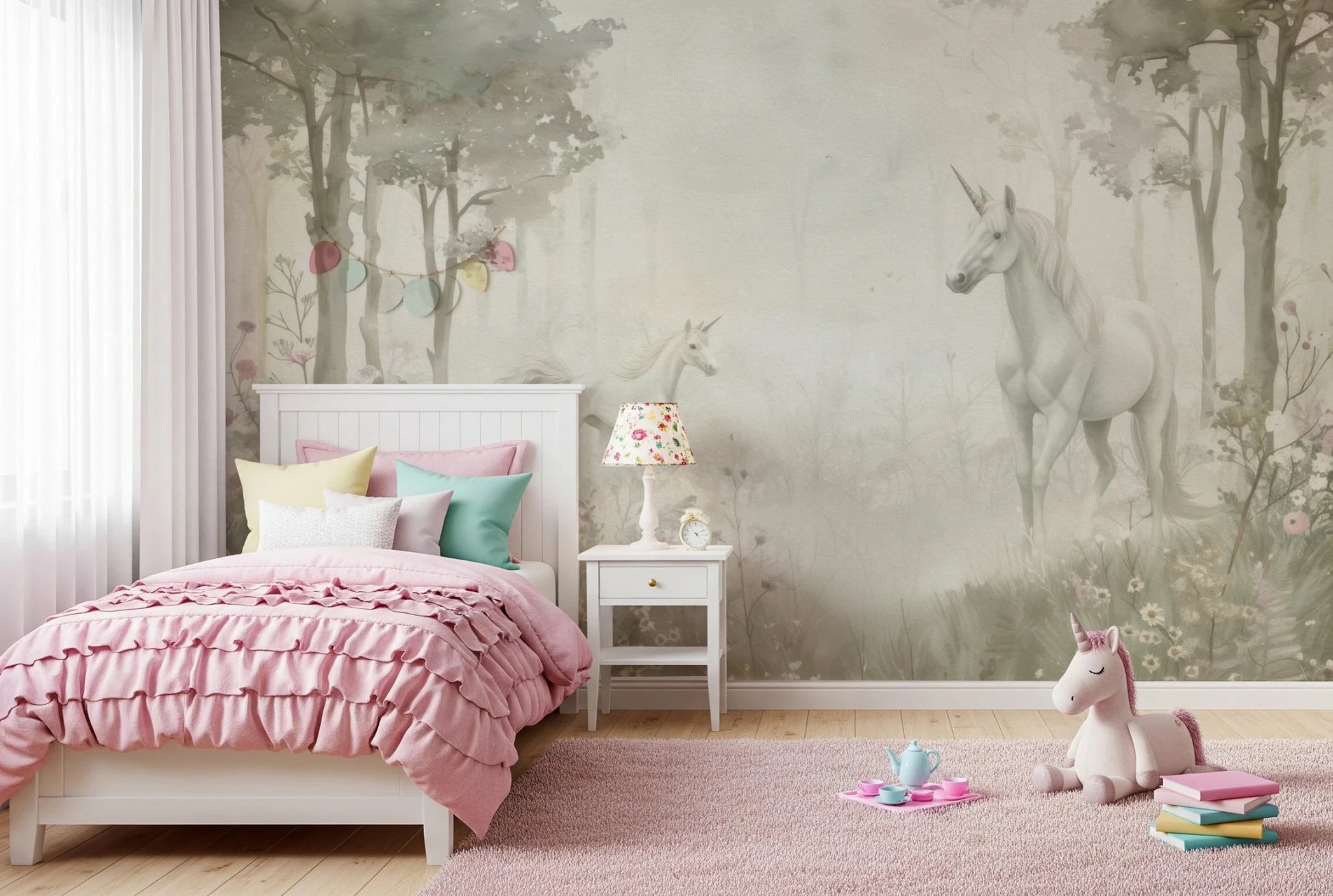 Pink kids bedroom with Unicorns in a Magical Dreamy Forest Sage Wall Mural