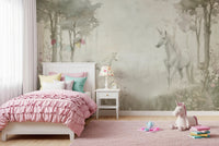 Pink kids bedroom with Unicorns in a Magical Dreamy Forest Sage Wall Mural