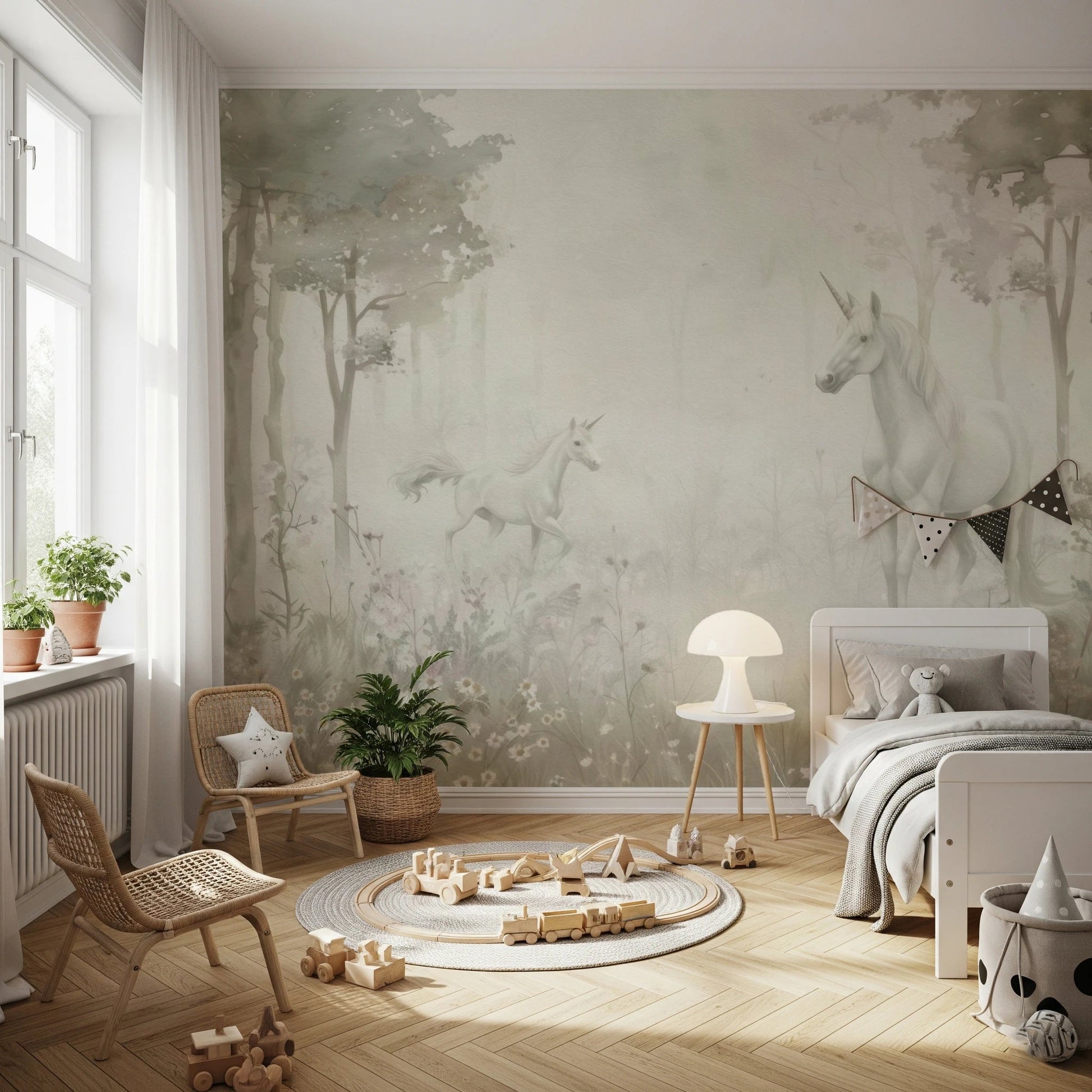 Cozy nursery with Unicorns in a Magical Dreamy Forest Sage Wall Mural