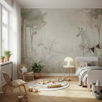 Cozy nursery with Unicorns in a Magical Dreamy Forest Sage Wall Mural