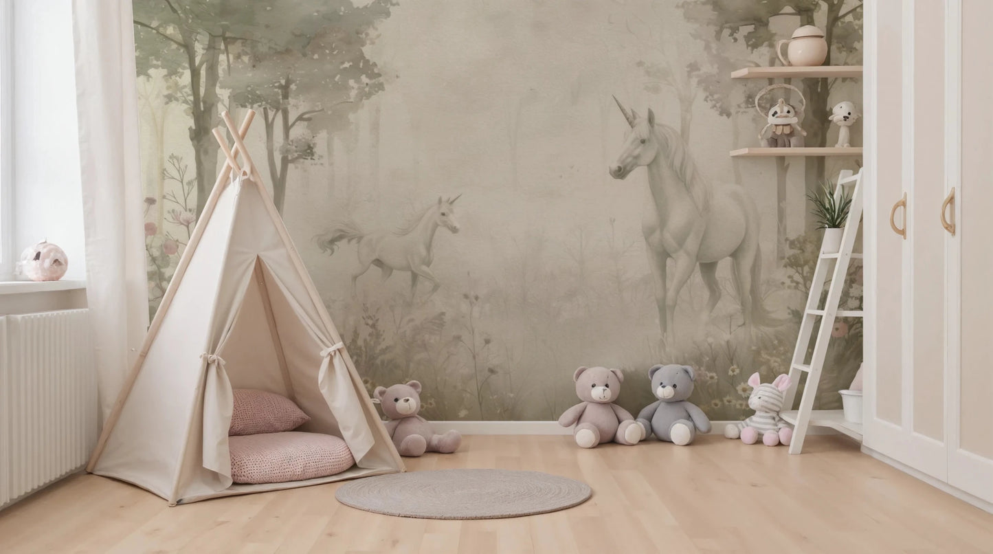Kids activity room with Unicorns in a Magical Dreamy Forest Sage Wall Mural