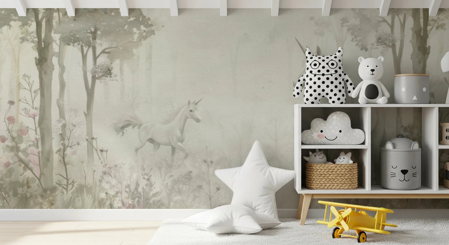 Nursery styled with Unicorns in a Magical Dreamy Forest Sage Wall Mural