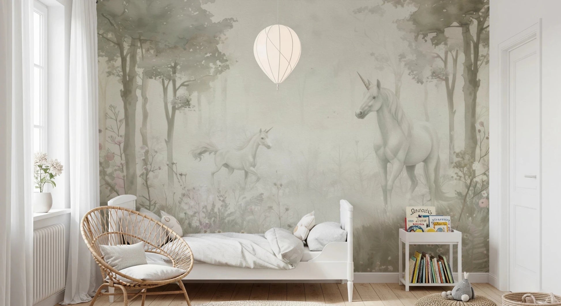 Bright kids room with Unicorns in a Magical Dreamy Forest Sage Wall Mural