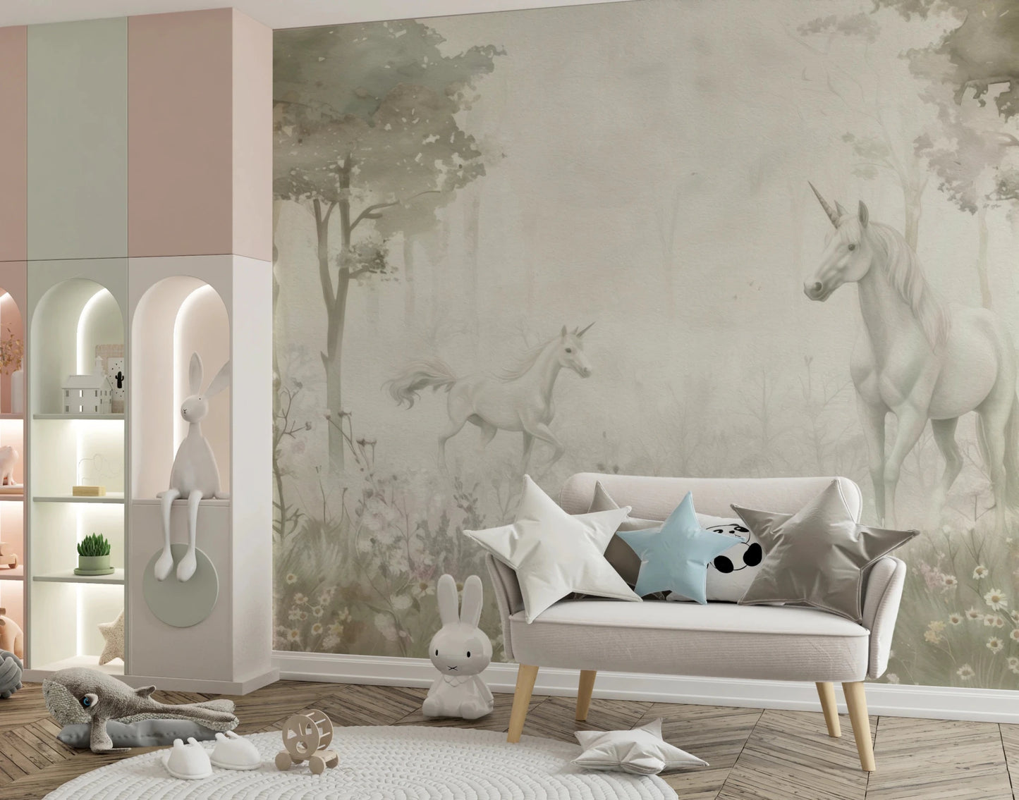 Playroom with Unicorns in a Magical Dreamy Forest Sage Wall Mural