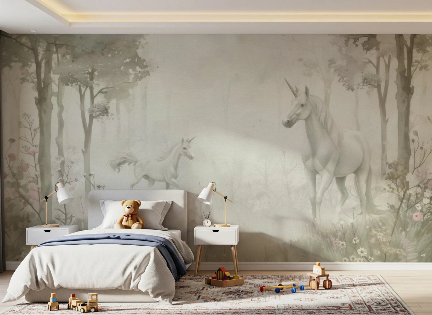 Kids bedroom with Unicorns in a Magical Dreamy Forest Sage Wall Mural