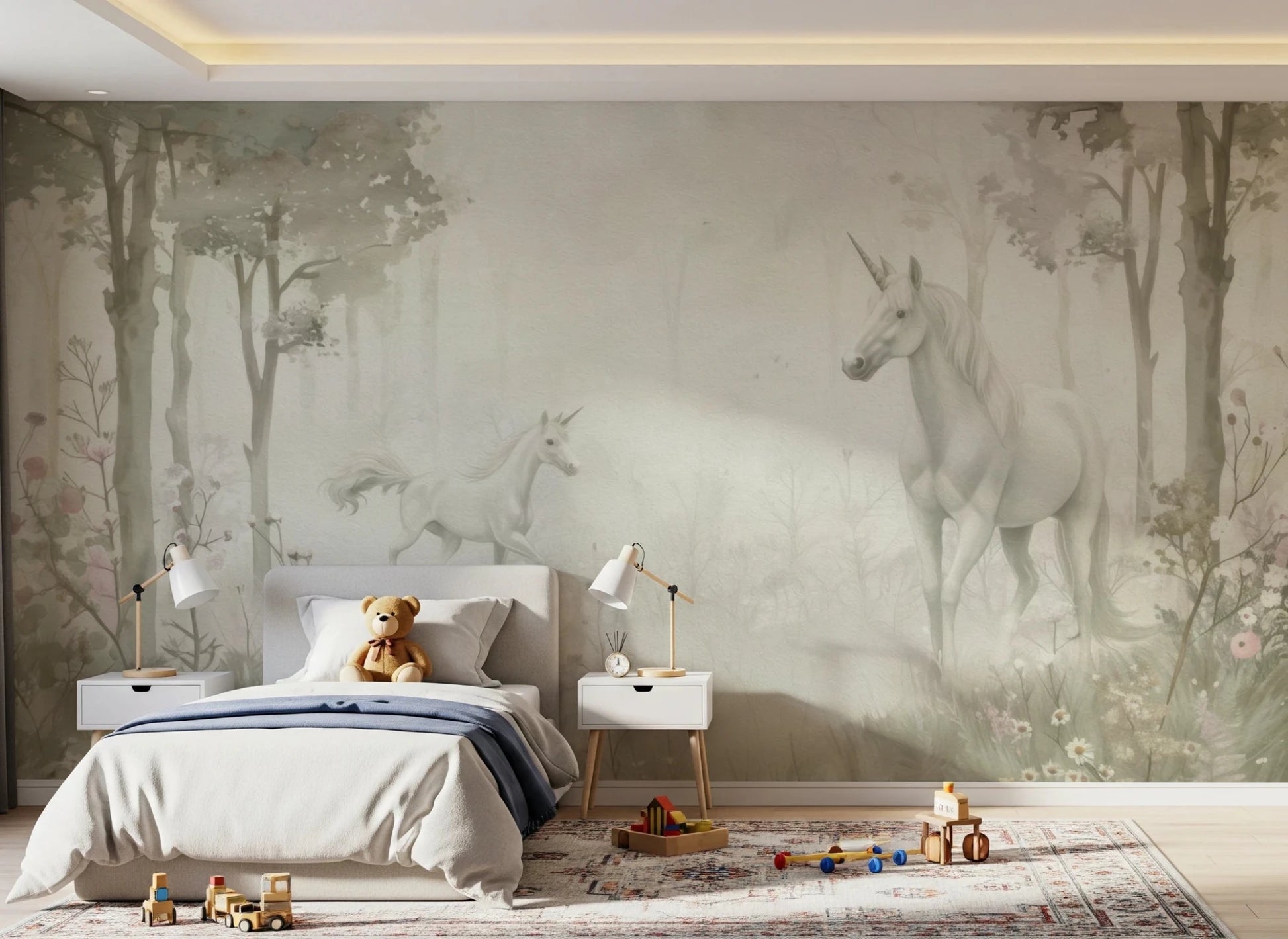 Kids bedroom with Unicorns in a Magical Dreamy Forest Sage Wall Mural