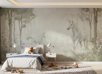 Kids bedroom with Unicorns in a Magical Dreamy Forest Sage Wall Mural