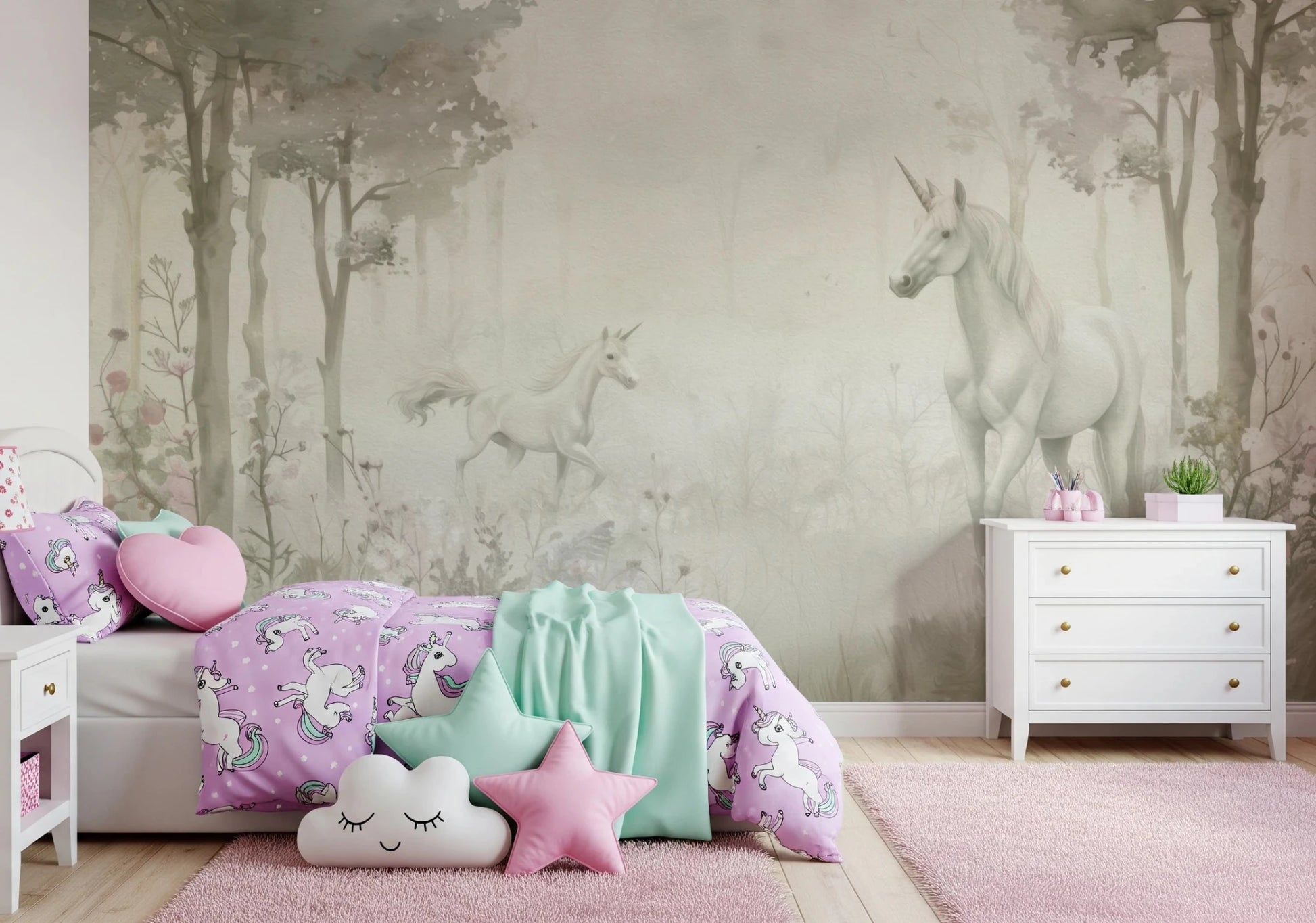Girls bedroom with Unicorns in a Magical Dreamy Forest Sage Wall Mural