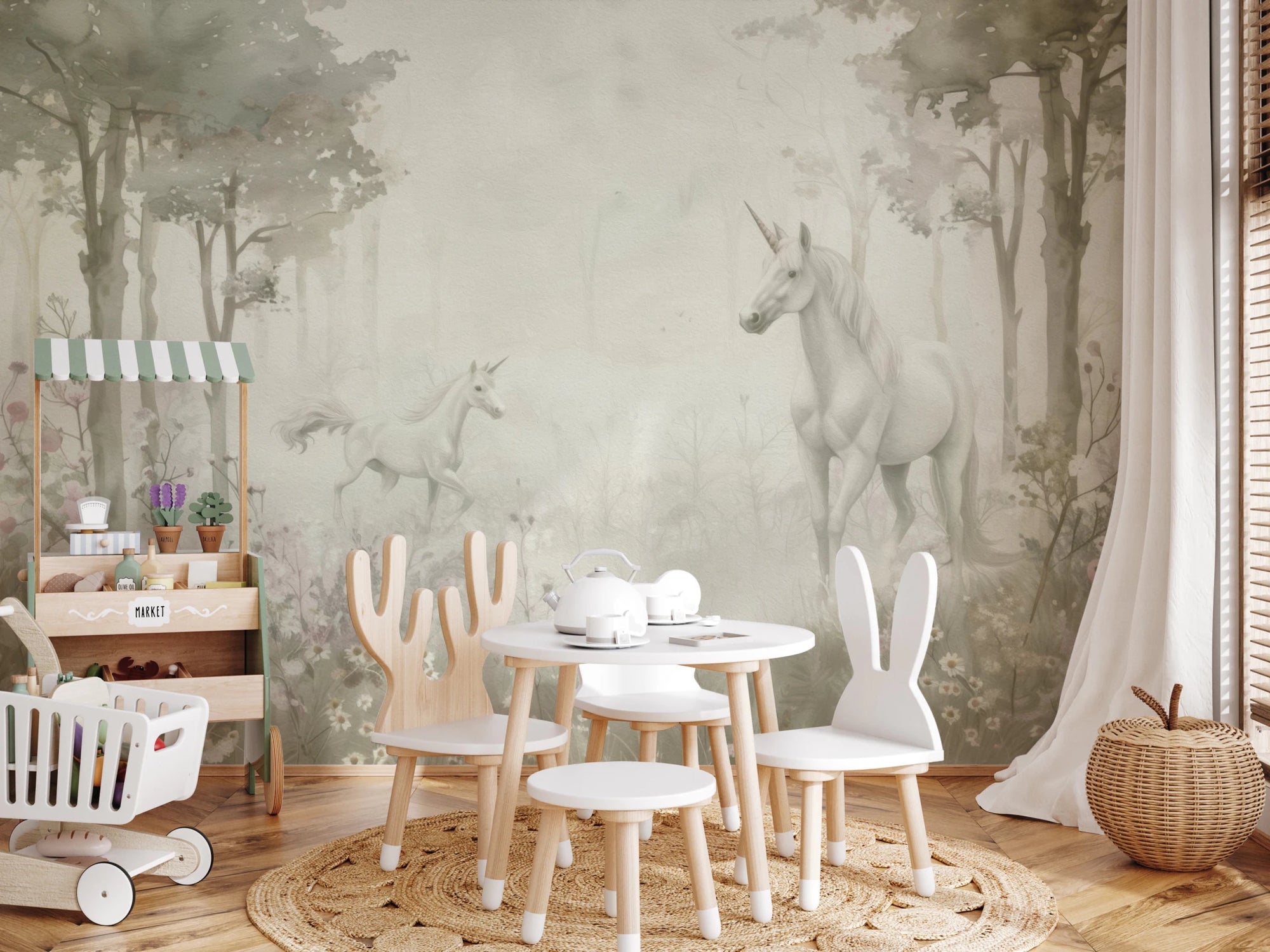 Kids room with Unicorns in a Magical Dreamy Forest Sage Wall Mural, GD8665