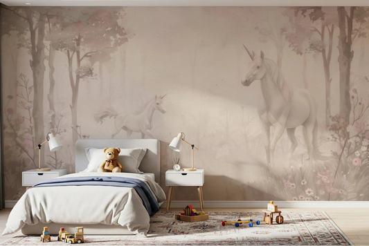 A cozy kids bedroom styled with Unicorns in a Magical Dreamy Forest Shell Wall Mural