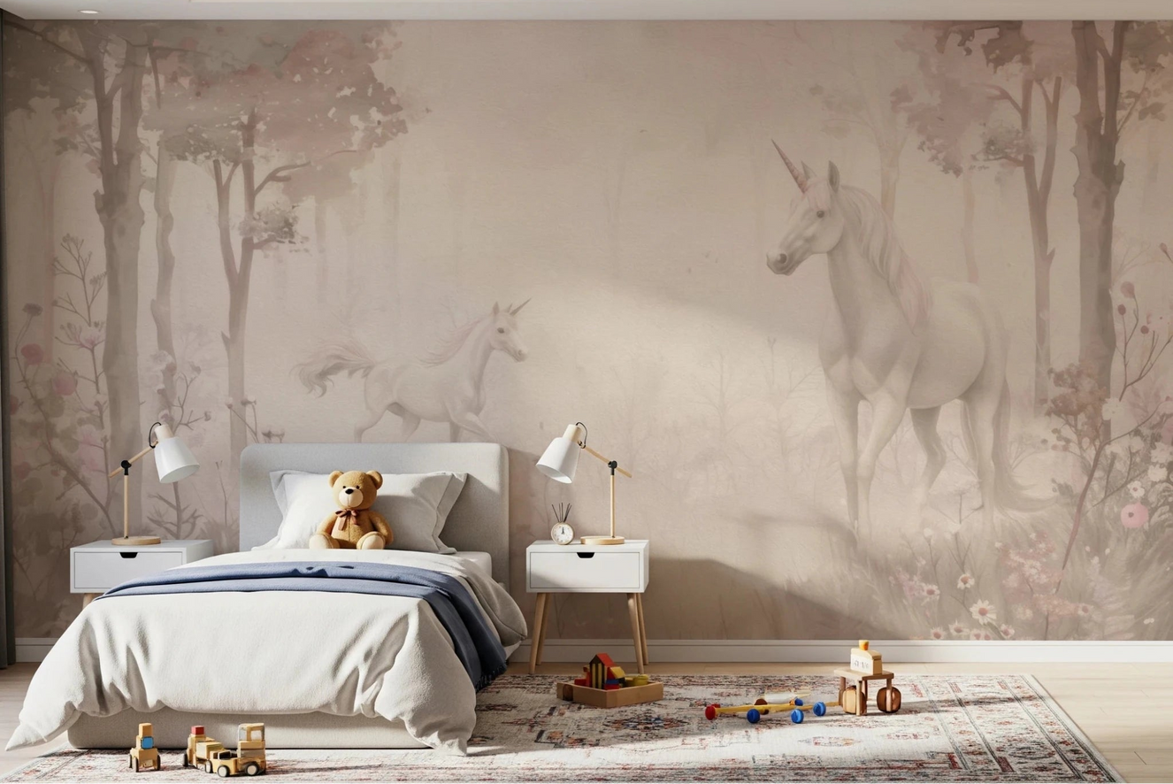 A cozy kids bedroom styled with Unicorns in a Magical Dreamy Forest Shell Wall Mural