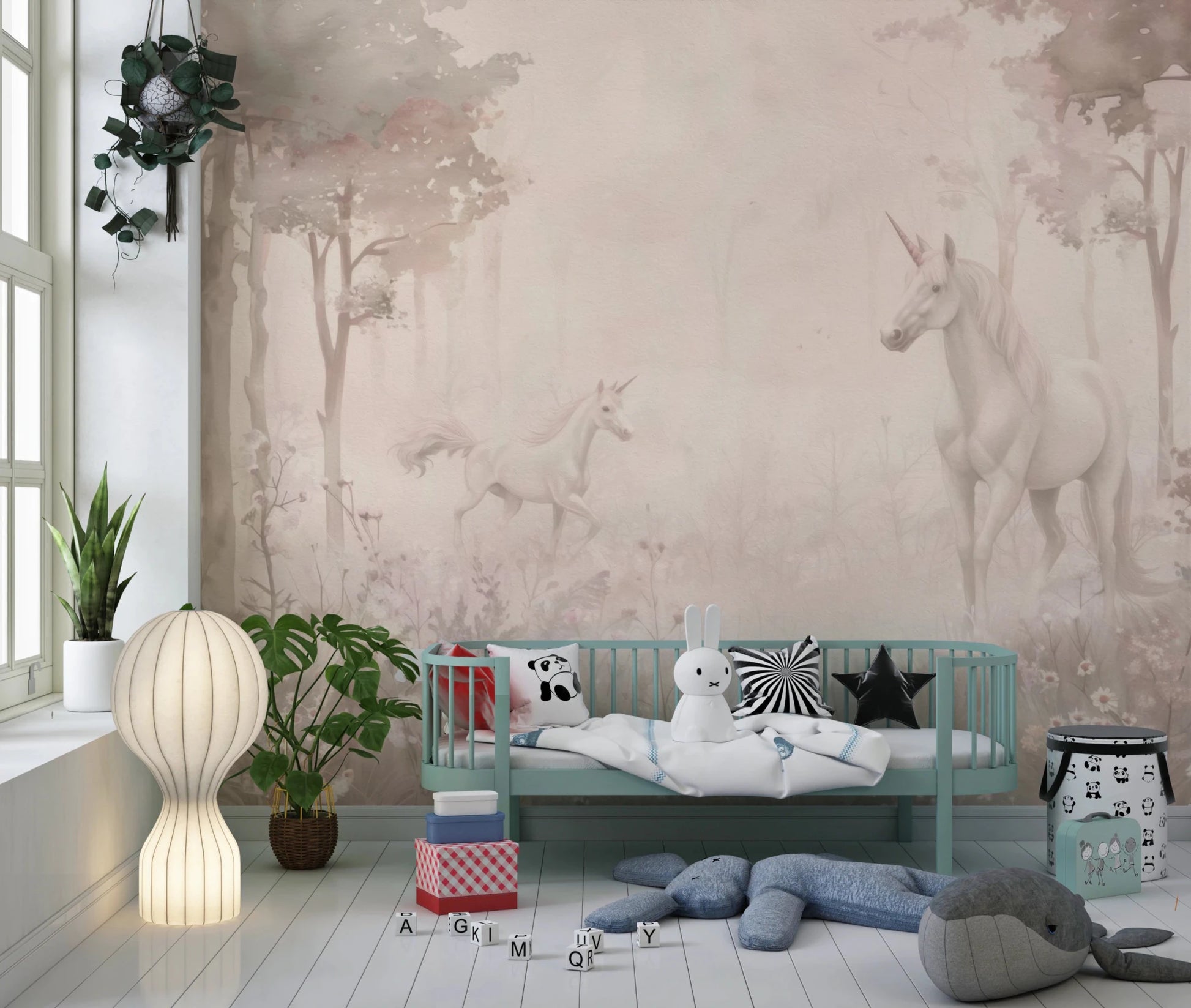 Unicorns in a Magical Dreamy Forest Shell Wall Mural suits a calm toddler bedroom