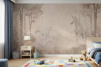 A cheerful playroom decorated with Unicorns in a Magical Dreamy Forest Shell Wall Mural