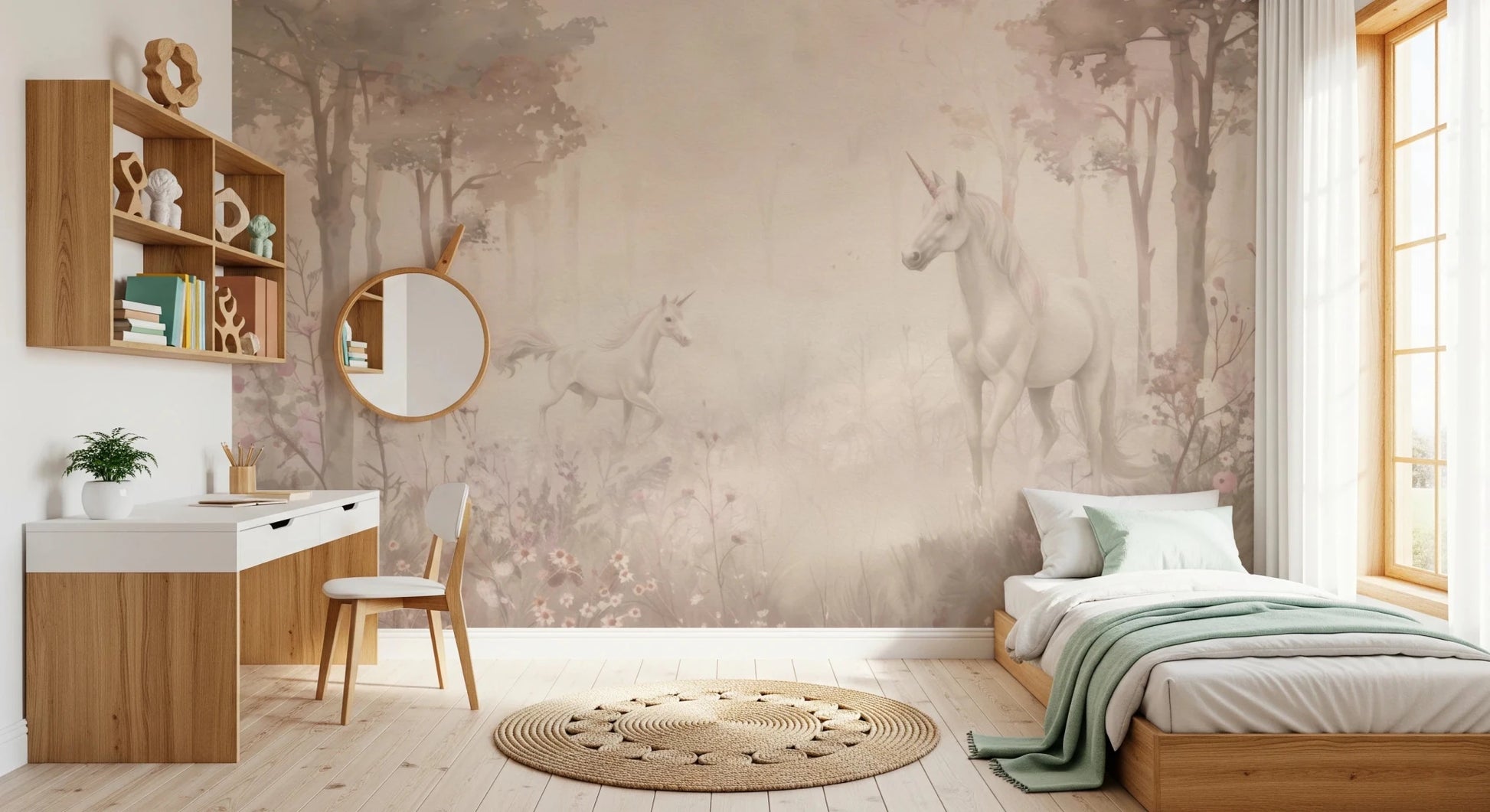 This cozy lounge area features Unicorns in a Magical Dreamy Forest Shell Wall Mural