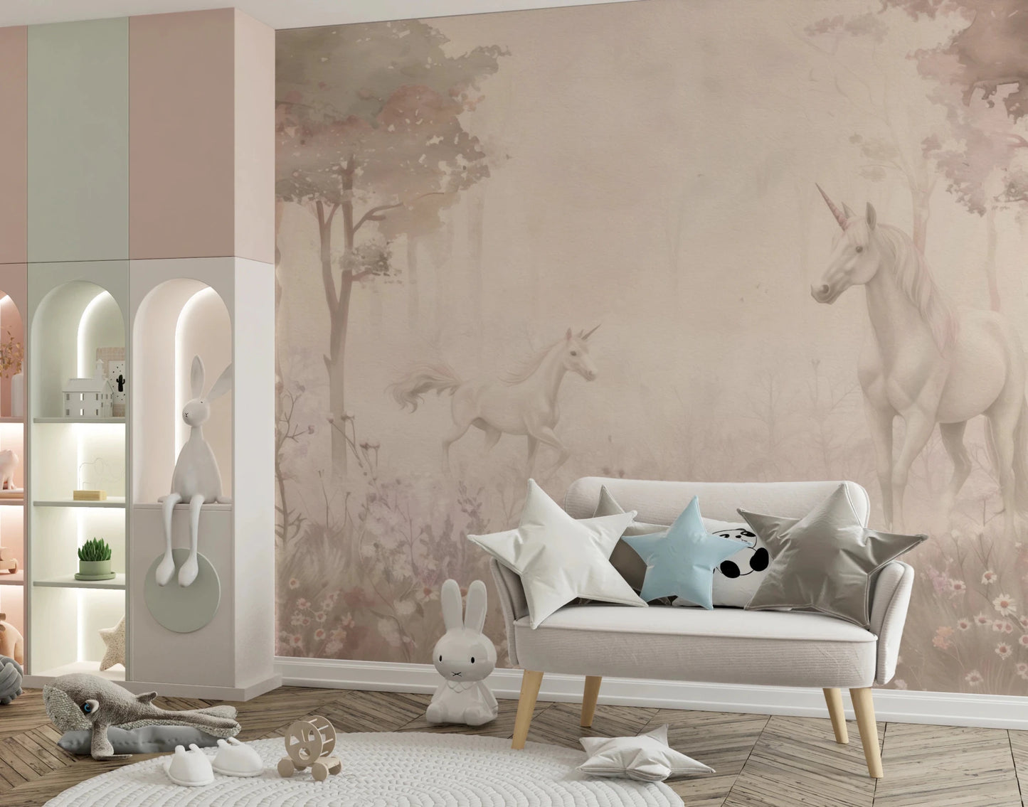 Unicorns in a Magical Dreamy Forest Shell Wall Mural creates a dreamy kids space